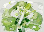  1girl bangs commentary_request detached_sleeves food green_eyes green_hair green_legwear green_ribbon green_skirt green_theme hair_tie hatsune_miku highres holding holding_food holding_spring_onion holding_vegetable kikihuihui long_hair long_sleeves neck_ribbon oversized_object pleated_skirt ribbon sidelocks skirt solo spring_onion thighhighs twintails vegetable very_long_hair vocaloid 