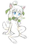  1girl :&lt; animal_ears blue_eyes blush_stickers cat_ears cat_tail claws closed_mouth collar colored_skin full_body furry hair_ornament highres invisible_chair leaf_hair_ornament lilly_(sui_(suizilla)) looking_at_viewer neck_flower original simple_background sitting solo sui_(suizilla) tail white_background white_hair white_skin 