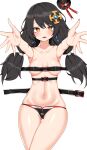  1girl armpits bare_arms bare_shoulders belt bikini black_bikini black_hair breasts bright_pupils collarbone commission elsword eve_(2nas)_(elsword) eve_(elsword) facial_mark hair_ornament hat hat_removed headwear_removed highres long_hair looking_at_viewer medium_breasts mini_hat mini_top_hat multiple_belts navel open_belt open_mouth orange_eyes outstretched_arms second-party_source simple_background skindentation solo stomach strapless strapless_bikini string_bikini swimsuit thigh_gap thighs top_hat twintails w.k white_background 