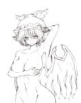  1girl animal_ears bird_ears bird_wings blush breasts closed_mouth collarbone completely_nude eyebrows_visible_through_hair fingernails groin highres large_breasts long_fingernails monochrome monyomoke mystia_lorelei navel nude sharp_fingernails short_hair simple_background solo touhou upper_body white_background winged_hat wings 