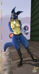  3d_(artwork) anthro blue_body breasts claws clothed clothing dialogue digital_media_(artwork) digitigrade english_text facial_markings female hand_on_arm head_markings hi_res kespr looking_at_viewer lucario markings mask_(marking) multicolored_body navel neck_tuft nintendo nipples open_mouth outside pok&eacute;mon pok&eacute;mon_(species) smash_ball solo spikes standing super_smash_bros. teeth text toe_claws topless topless_female tuft two_tone_body video_games yellow_body 