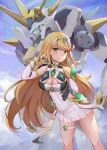  1girl absurdres arm_behind_back bangs bare_legs bare_shoulders blonde_hair breasts chest_jewel cleavage cleavage_cutout clothing_cutout dress earrings elbow_gloves gem gloves hand_up headpiece highres jewelry kiiro_kimi large_breasts long_hair looking_at_viewer mecha mythra_(xenoblade) short_dress siren_(xenoblade) sky smile solo swept_bangs thigh_strap tiara very_long_hair white_dress white_gloves xenoblade_chronicles_(series) xenoblade_chronicles_2 yellow_eyes 