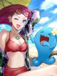  1girl ;d beach beach_umbrella blush breasts cleavage cloud collarbone commentary_request day earrings eyelashes eyewear_on_head highres jessie_(pokemon) jewelry lipstick long_hair makeup misumiyui41 navel necklace one_eye_closed open_mouth outdoors pink-tinted_eyewear pokemon pokemon_(anime) pokemon_(creature) red_lips red_swimsuit sand shore sitting sky smile sunglasses swimsuit tinted_eyewear umbrella water wobbuffet 