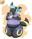  2019 anthro belly belt black_body black_fur blue_hair bodily_fluids bottomwear chocend clothed clothing colored container cup cutlery delilah_(tpot) digital_drawing_(artwork) digital_media_(artwork) eating eating_food eeveelution female food fork fur hair holding_object holding_tool holding_utensil kitchen_utensils looking_at_viewer markings midriff navel nintendo noodles overweight pok&eacute;mon pok&eacute;mon_(species) ponytail red_eyes shirt shorts simple_background solo sweat sweatdrop tail_markings thick_thighs tools topwear umbreon video_games wide_hips 