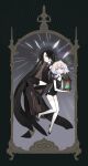  2others :o absurdly_long_hair adapted_costume androgynous backless_dress backless_outfit black_bow black_dress black_eyes black_footwear black_gloves black_hair black_legwear bob_cut border bort bow clothing_cutout copyright_name diamond_(houseki_no_kuni) dress elbow_gloves floating frown full_body gem_uniform_(houseki_no_kuni) gloves grey_background gwayo highres holding holding_lantern houseki_no_kuni lantern layered_clothes long_hair looking_at_viewer multicolored_hair multiple_others pelvic_curtain phosphophyllite_(gemstone) purple_eyes rainbow_hair shoes short_hair short_jumpsuit side_cutout sparkle straight_hair thighhighs very_long_hair white_gloves white_legwear 