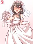  1girl alternate_costume alternate_hairstyle artist_logo black_hair blush bouquet breasts bridal_veil brown_eyes choker cleavage commentary_request cowboy_shot dated dress flower gloves gradient gradient_background haruna_(kancolle) kanon_(kurogane_knights) kantai_collection large_breasts long_hair looking_at_viewer nose_blush one-hour_drawing_challenge rose sidelocks skirt_hold smile solo veil wedding_dress white_background white_dress white_flower white_gloves white_rose 