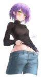  1girl absurdres bangs black_sweater blue_pants blush breasts closed_mouth clothes_lift cropped_legs denim ear_piercing eyebrows_visible_through_hair green_eyes highres hololive jeans lifted_by_self long_sleeves navel navel_piercing pants piercing purple_hair rei_(9086) short_hair signature simple_background small_breasts smile solo sweater sweater_lift tokoyami_towa virtual_youtuber white_background 