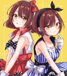  2girls absurdres alternate_hairstyle bangs bare_shoulders blue_dress blush bob_cut breasts brown_hair cleavage closed_mouth collarbone dress earrings eyebrows_visible_through_hair gloves hairband highres idolmaster idolmaster_shiny_colors jewelry kiri_meee looking_at_viewer multiple_girls open_mouth osaki_amana osaki_tenka red_dress shirt short_hair siblings sisters smile striped striped_dress swept_bangs twins two-tone_dress vertical-striped_dress vertical_stripes white_dress white_gloves white_shirt yellow_eyes 
