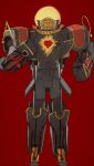  1boy absurdres blank_eyes clenched_hands closed_mouth crown_of_thorns full_body halo heart highres inri_(phrase) jesus looking_at_viewer male_focus mecha mechanization mossacannibalis red_background robot simple_background solo standing the_bible 