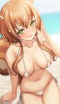  1girl :d animal_ears ayunda_risu bare_arms bare_shoulders beach bikini blush breasts brown_hair cleavage collarbone commentary commission day english_commentary eyebrows_behind_hair green_eyes groin hair_ornament hairclip hand_up highres hololive hololive_indonesia kangbus large_breasts long_hair looking_at_viewer low_twintails micro_bikini multicolored_hair navel ocean open_mouth outdoors panties ribbon side-tie_bikini sitting smile solo squirrel_ears squirrel_girl squirrel_tail streaked_hair swimsuit tail twintails two-tone_hair underwear virtual_youtuber white_panties white_ribbon 