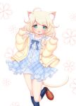 ahoge animal_ear_fluff animal_ears bangs black_legwear blonde_hair blue_bow blue_bowtie blue_dress blush bow bowtie brown_footwear buttons cardigan cat_ears cat_girl cat_tail checkered_clothes checkered_dress child collarbone collared_dress commentary_request dress eyebrows_visible_through_hair flat_chest floral_background frilled_dress frills green_eyes hair_bow hands_up highres hosizora_mikoto idolmaster idolmaster_cinderella_girls leg_up legs long_sleeves looking_at_viewer low_twintails medium_hair messy_hair open_clothes open_mouth over_shoulder sleeves_past_wrists smile solo tail thighs twintails yellow_cardigan yusa_kozue 