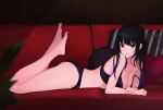  1girl absurdres ass bare_arms bare_legs bare_shoulders barefoot bario black_bra black_hair black_panties bra breasts cigarette cleavage couch highres legs_up long_hair looking_at_viewer lying medium_breasts mouth_hold on_couch on_stomach original panties purple_eyes solo spaghetti_strap strap_slip the_pose thighs underwear underwear_only 