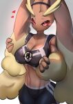  &lt;3 2022 3_fingers absurd_res animahakim anthro athletic athletic_female big_breasts blush bodily_fluids bottomwear bra breasts cleavage clothed clothing eyebrows eyelashes female fingers grey_background hi_res long_ears looking_at_viewer lopunny midriff navel nintendo pink_nose pok&eacute;mon pok&eacute;mon_(species) red_eyes red_slcera shorts simple_background solo sports_bra sweat underwear video_games 