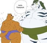  anthro asian_clothing belly big_belly bottomwear butt byakko_(yu_yu_hakusho) clothing dialogue duo east_asian_clothing felid fur green_hair hair hyaenid japanese_clothing larger_male loincloth male male/male mammal mawashi muscular muscular_male orange_body orange_fur overweight overweight_male pantherine pecs reagan700 rear_view size_difference smaller_male strongfat sumo tiger white_body white_fur yu_yu_hakusho 