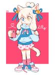  1girl animal_ears bell blue_eyes blue_hoodie blue_ribbon cat_ears cellphone character_name closed_mouth colored_skin full_body furry furry_female hair_bell hair_ornament hair_ribbon hand_in_pocket heart heterochromia highres holding holding_phone hood hood_down hoodie jingle_bell lilly_(sui_(suizilla)) long_hair long_sleeves miniskirt orange_eyes original phone pink_background pink_legwear pink_skirt pleated_skirt polka_dot_skirt ribbon shoes signature simple_background skirt smartphone socks solo standing sui_(suizilla) tail untied_footwear white_hair white_skin wide-eyed 