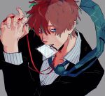 1boy amazu_(mokeketenkomori) blue_eyes formal grey_background hair_between_eyes highres holding hypnosis_mic jacket kannonzaka_doppo lanyard long_sleeves looking_at_viewer male_focus mouth_hold necktie own_hands_clasped own_hands_together red_hair shirt simple_background solo striped striped_shirt suit upper_body vertical-striped_shirt vertical_stripes 