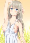  1girl apron arm_behind_head arm_up bangs banned_artist bare_arms bare_shoulders blue_eyes blush breasts breasts_out collarbone commentary_request eyebrows_behind_hair flower grey_hair long_hair medium_breasts n.g. naked_apron nipples original parted_lips solo upper_body very_long_hair yellow_flower 