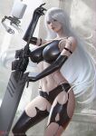  1girl android artist_name black_gloves black_legwear blue_eyes breasts crop_top elbow_gloves gloves hair_between_eyes holding holding_sword holding_weapon joints large_breasts long_hair looking_at_viewer navel nier_(series) nier_automata parted_lips patreon_username pod_(nier_automata) robot_joints sade_abyss sword torn_clothes torn_legwear weapon white_hair yorha_type_a_no._2 