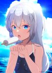  1girl blue_eyes blue_swimsuit breasts eating food gochuumon_wa_usagi_desu_ka? hair_ornament highres kafuu_chino licking light_blue_hair long_hair looking_at_viewer melting open_mouth poka_poka_neko popsicle popsicle_stick saliva saliva_trail school_swimsuit small_breasts solo straight_hair suggestive_fluid swimsuit tongue tongue_out twitter_username upper_body very_long_hair x_hair_ornament 