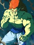  1boy absurdres blue_eyes bojack clenched_hands colored_skin dragon_ball dragon_ball_z earrings fighting_stance green_skin highres horang4628 jewelry korean_commentary long_hair looking_at_viewer male_focus muscular muscular_male pants pointy_ears red_hair scar scar_on_chest smile solo topless_male 