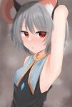  1girl animal_ears armpits bangs bare_shoulders blush breasts capelet dakuazu eyebrows_visible_through_hair gold_trim grey_hair hair_between_eyes jewelry looking_at_viewer mouse_ears nazrin parted_lips pendant presenting_armpit red_eyes shirt short_hair simple_background sleeveless solo sweat touhou upper_body 
