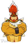 abs accessory aged_up anthro beard big_muscles bowser_jr. bracelet claws countershade_torso countershading crossed_arms facial_hair front_view glare hair hair_accessory hi_res horn jewelry koopa male mario_bros mostly_nude muscular muscular_anthro muscular_male navel neckerchief nintendo nipples obliques orange_body orange_scales pecs ponytail poppin pubes red_eyes red_hair scales scalie sharp_teeth shell simple_background snaggle_tooth solo spiked_hair_accessory spiked_shell spikes spikes_(anatomy) teeth vein video_games white_background 