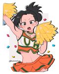  1girl arm_up bangs black_hair blush boku_no_hero_academia breasts cheerleader commentary confetti crop_top cropped_legs groin highres looking_at_viewer midriff miniskirt nns146 open_mouth orange_skirt pom_pom_(cheerleading) ponytail simple_background skirt solo standing sweat u.a._cheerleader_uniform white_background yaoyorozu_momo 