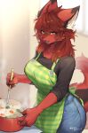  1girl absurdres animal_ear_fluff animal_ears animal_nose apron black_shirt blue_pants blurry blurry_background body_fur commission cooking denim food furry furry_female green_apron highres holding holding_ladle jeans ladle looking_at_viewer open_mouth original pants plaid plaid_apron raglan_sleeves red_fur red_hair shirt short_hair skeb_commission snout solo suurin_(ksyaro) tail yellow_eyes 