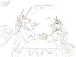  alacorna anthro beverage cute_expression duo duo_focus equid equine equis_universe female female/female friendship_is_magic group hasbro horn horse humor kelesta mammal my_little_pony party pony princess_celestia_(mlp) royalty size_difference sunny_way tea traditional_media_(artwork) wings 