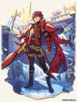  1boy 1girl belt black_pants brown_hair cape cat dragalia_lost fingerless_gloves full_body fur_trim gloves green_eyes holding holding_stuffed_toy holding_sword holding_weapon leif_(dragalia_lost) looking_to_the_side official_art pants red_cape red_gloves red_hair short_hair standing stuffed_animal stuffed_bunny stuffed_toy sword thigh_strap weapon 