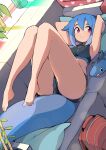  1girl :o armpits arms_behind_head arms_up azuumori backpack bag bangs barefoot black_shorts black_sports_bra blue_hair blue_panties breasts commentary couch covered_nipples cushion english_commentary fish_tail full_body gym_shorts hair_between_eyes highres indoors looking_to_the_side lying medium_breasts medium_hair multicolored_hair on_back on_couch open_mouth original panties panty_peek plant potted_plant red_bag red_eyes shark_girl_(azuumori) shark_tail shorts sideboob solo sports_bra straight_hair striped striped_panties stuffed_animal stuffed_toy tail thick_eyebrows two-tone_hair underwear 