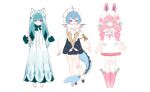  3girls :d ahoge animal_ears aqua_hair arms_at_sides bandaged_leg bandages bangs barefoot between_legs blue_eyes blue_hair bob_cut boots bow bowtie dress fins full_body glaceon gloves green_bow green_bowtie green_gloves gwayo hairband legs_together lineup long_sleeves multiple_girls pink_footwear pink_hair pokemon puffy_long_sleeves puffy_sleeves shoes short_dress short_hair sidelocks simple_background sketch smile socks standing sylveon symbol-only_commentary tail tail_between_legs vaporeon white_background 