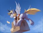  2020 box butt clothing cloud container cutie_mark derpy_hooves_(mlp) digital_media_(artwork) dock equid equine exclamation_point eyebrows eyelashes feathered_wings feathers feral flying friendship_is_magic hasbro hat headgear headwear hi_res hooves letter mammal my_little_pony pegasus ramiras sky solo underhoof wings 