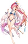  1girl ;o arms_up bad_source bare_legs barefoot blue_eyes bokken breasts cleavage cup drink drinking_straw eyebrows_visible_through_hair high_ponytail iron_saga large_breasts long_hair navel official_art one_eye_closed pink_hair sasaki_hikaruko swimsuit sword very_long_hair water_drop weapon wet wide_sleeves wooden_sword 