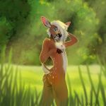  anthro arnius breasts brown_body brown_fur butt cervid female forest fur grass green_eyes hair hi_res light light_beam mammal plant small_breasts solo solo_focus spots subsurface_scattering sunbeam sunlight tree white_hair white_spots 