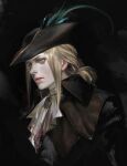  1girl ascot black_background blonde_hair blood blood_on_clothes bloodborne blue_eyes brooch hat hat_feather highres ikeda_masateru jewelry lady_maria_of_the_astral_clocktower low_tied_hair sidelocks tricorne 