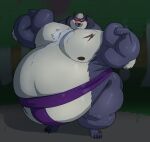  anthro asian_clothing belly big_belly canid canine canis clothing east_asian_clothing eye_scar facial_scar flexing glowing glowing_eyes hi_res japanese_clothing male mammal mawashi muscular muscular_male overweight overweight_male pearypanda plant scar solo strongfat sumo tree wolf 