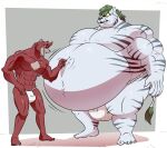  a-side abs anthro belly big_belly bottomwear bulge byakko_(yu_yu_hakusho) clothing duo felid fur green_hair hair hand_on_stomach loincloth male male/male mammal muscular muscular_male overweight overweight_male pantherine pecs red_body red_fur size_difference strongfat tiger ursid white_body white_fur yu_yu_hakusho 