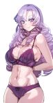  1girl arms_behind_back bangs bare_shoulders blush bow_(bhp) bra breasts cleavage collarbone drill_hair hyakumantenbara_salome large_breasts light_purple_eyes light_purple_hair long_hair looking_at_viewer nijisanji panties parted_bangs purple_bra purple_panties smile solo thighs underwear virtual_youtuber 