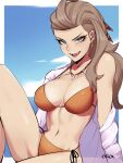  artist_name bikini blue_eyes border breasts brown_bikini brown_hair cleavage cloud cloudy_sky earrings fangs hair_behind_ear halterneck highres jewelry knee_up large_breasts long_hair looking_at_viewer narrow_waist navel necklace open_clothes open_mouth open_shirt orouu outside_border pokemon pokemon_(game) pokemon_sv reclining sada_(pokemon) shirt signature single_bare_shoulder sitting sky swimsuit teeth thgihs tongue tooth_necklace wet white_border white_shirt 