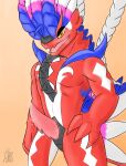  2022 anthro blush bodily_fluids breath cum cum_drip dragon dripping erection feathers genital_fluids genitals hi_res koraidon legendary_pok&eacute;mon looking_at_viewer male multicolored_body muscular nintendo nude open_mouth ophoffbrand panting penis pok&eacute;mon pok&eacute;mon_(species) red_body red_scales reptile scales scalie simple_background slit smile solo tire tongue video_games 