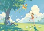  1boy 1girl absurdres animal_ears artist_name braid braided_ponytail brown_hair cloud cloudy_sky douluo_dalu grass highres kite l_starry looking_up open_mouth rabbit rabbit_ears sitting sky tree xiao_wu_(douluo_dalu) 