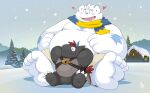  another_eidos_of_dragon_vein_r anthro barboros_(anothereidos_r) belly big_feet black_body black_scales blush bottomwear chibi clothing dragon duo feet fur male musclegut outside patty_(anothereidos_r) scales scarf shirtless shorts snow takataka white_body white_fur yeti 