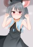  1girl adapted_costume animal_ears bangs bare_arms bare_shoulders black_dress blush capelet dakuazu dress eyebrows_visible_through_hair grey_hair hands_up highres jewelry looking_at_viewer mouse_ears nazrin necklace pendant red_eyes short_hair simple_background sleeveless sleeveless_dress solo sweat touhou 