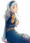  1girl aduti_momoyama alternate_costume alternate_hairstyle bags_under_eyes bangs blue_hair braid breasts brown_eyes fire_emblem fire_emblem:_three_houses fire_emblem_warriors:_three_hopes frills hair_ornament hairband highres jewelry lace_hairband lace_trim long_hair long_sleeves looking_at_viewer marianne_von_edmund official_alternate_costume official_alternate_hairstyle simple_background solo 