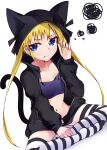 13-gou 1girl animal_hood blonde_hair blue_eyes cat_hood closed_mouth full_body hood kill_me_baby long_hair looking_at_viewer navel simple_background solo sonya_(kill_me_baby) striped striped_legwear thighhighs twintails white_background 
