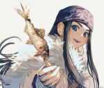  1girl asirpa bandana black_hair blue_bandana blue_eyes champi earrings fish fur_trim golden_kamuy grilled_fish highres holding holding_skewer hoop_earrings jewelry long_hair open_mouth portrait simple_background skewer smile solo white_background 