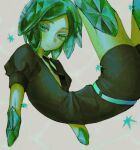  1other amputee androgynous bangs belt colored_eyelashes crack cracked_skin crystal_hair expressionless eyelashes floating folded gem gem_uniform_(houseki_no_kuni) green_eyes green_hair harebaresi highres houseki_no_kuni light_blush necktie other_focus parted_bangs phosphophyllite puffy_short_sleeves puffy_sleeves quadruple_amputee shiny shiny_hair short_hair short_sleeves shorts simple_background star_(symbol) white_belt 