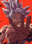  1boy abs arm_at_side ashes bangs black_outline blurry closed_mouth depth_of_field dragon_ball dragon_ball_super dragon_ball_z frown grey_eyes highres liedein looking_at_viewer male_focus messy_hair muscular muscular_male orange_background outline outstretched_hand pants parted_bangs pectorals reaching_out serious signature simple_background son_goku spiked_hair topless_male torn_clothes torn_pants ultra_instinct upper_body white_hair 