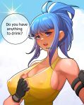  1girl armlet bagjunba_(qkrgk198) blue_eyes blue_hair blush breasts covered_nipples dialogue_box earrings fingerless_gloves gloves highres hot jewelry large_breasts leona_heidern looking_at_viewer nipples ponytail see-through sky sleeveless solo sunlight sweat sweatdrop talking tank_top the_king_of_fighters the_king_of_fighters_xiv the_king_of_fighters_xv triangle_earrings yellow_tank_top 